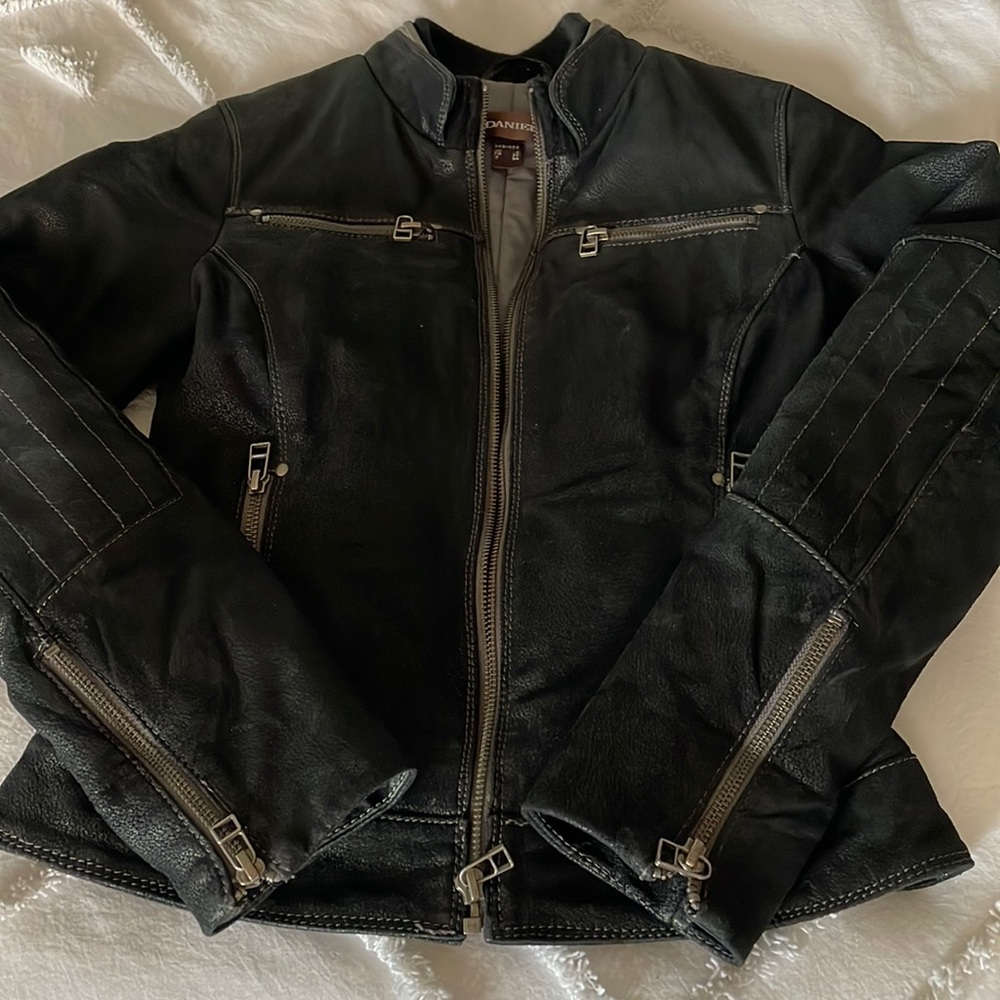 Danier Distressed Leather Riding Jacket 3XS